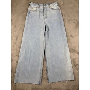Etica Wide Leg Jeans Women Size 28 Light Wash High Rise Raw Hem Denim Button Fly
